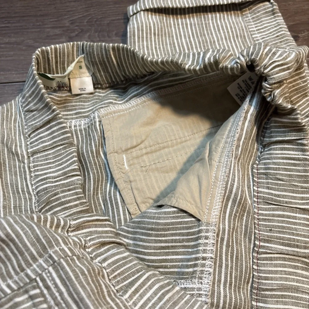 Anthropologie Linen Trousers Small Green Striped Coastal Pull-On Beach Pant